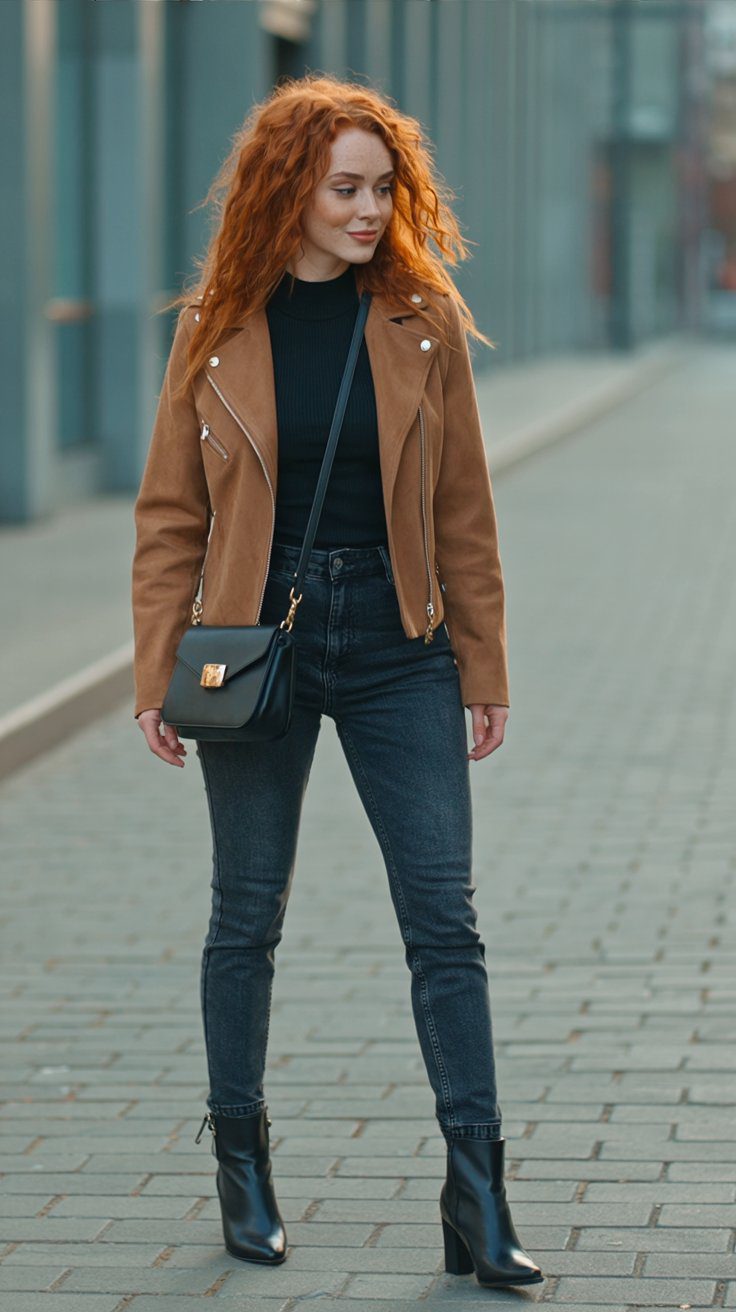 Street Style Inspiration: Curly Red Hair, Suede Jacket & Boots Outfit for Chic Fall Fashion on the City Sidewalk.