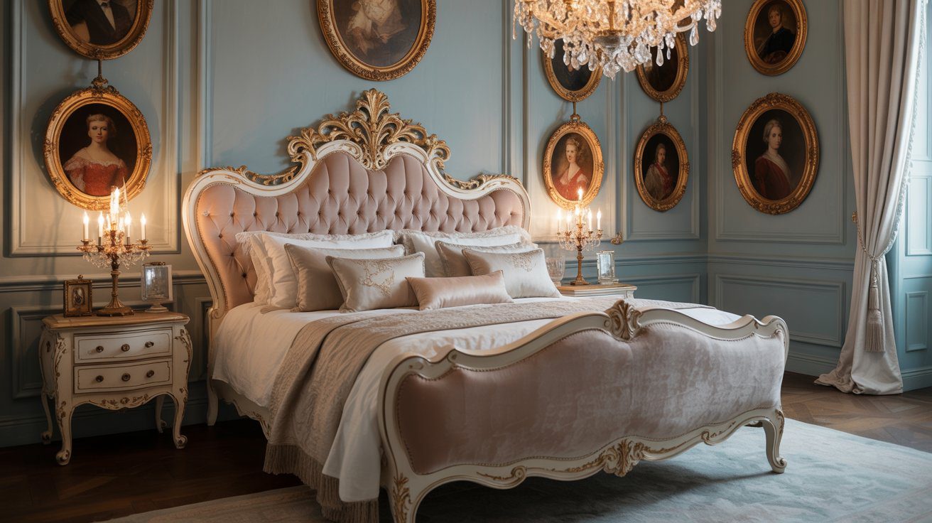 Vintage Luxury Bedroom Decor Ideas: Plush Tufted Bed, Gold Accents & Crystal Chandelier for Elegant Blue Interiors.