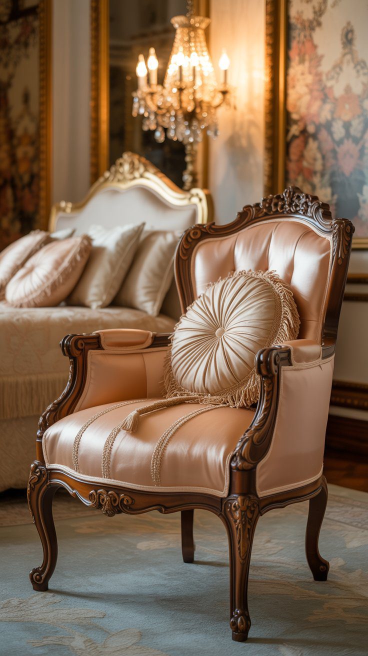 Luxurious French Style Armchair Inspiration: Ornate Wooden Accent Chair in Elegant Bedroom Decor with Chandelier and Plush Bedding.