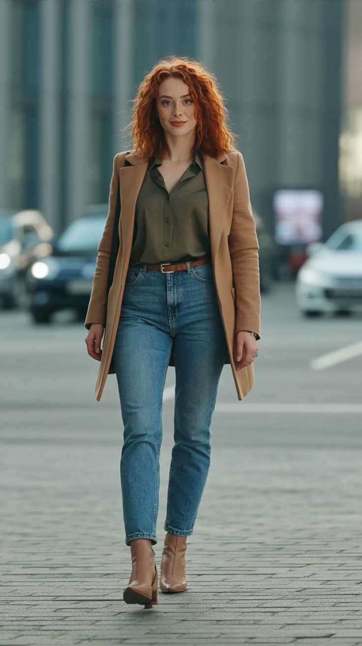 Chic Fall Street Style: Curly Red Hair, Tan Coat, Olive Top & Blue Jeans – City Fashion Inspiration for Women.
