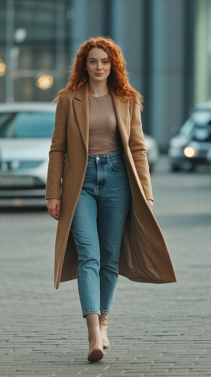 Chic Fall Street Style: Woman with Curly Red Hair in Tan Coat and Jeans Walking in City | Fashion Inspiration.