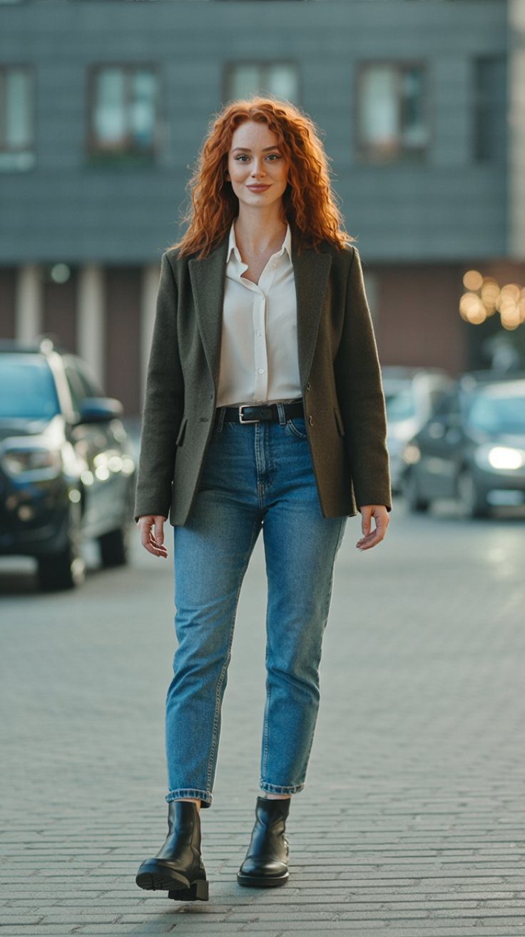Stylish Redhead Street Style: Chic Blazer, Jeans & Boots Outfit Inspiration for Urban Fashion—Modern City Background.