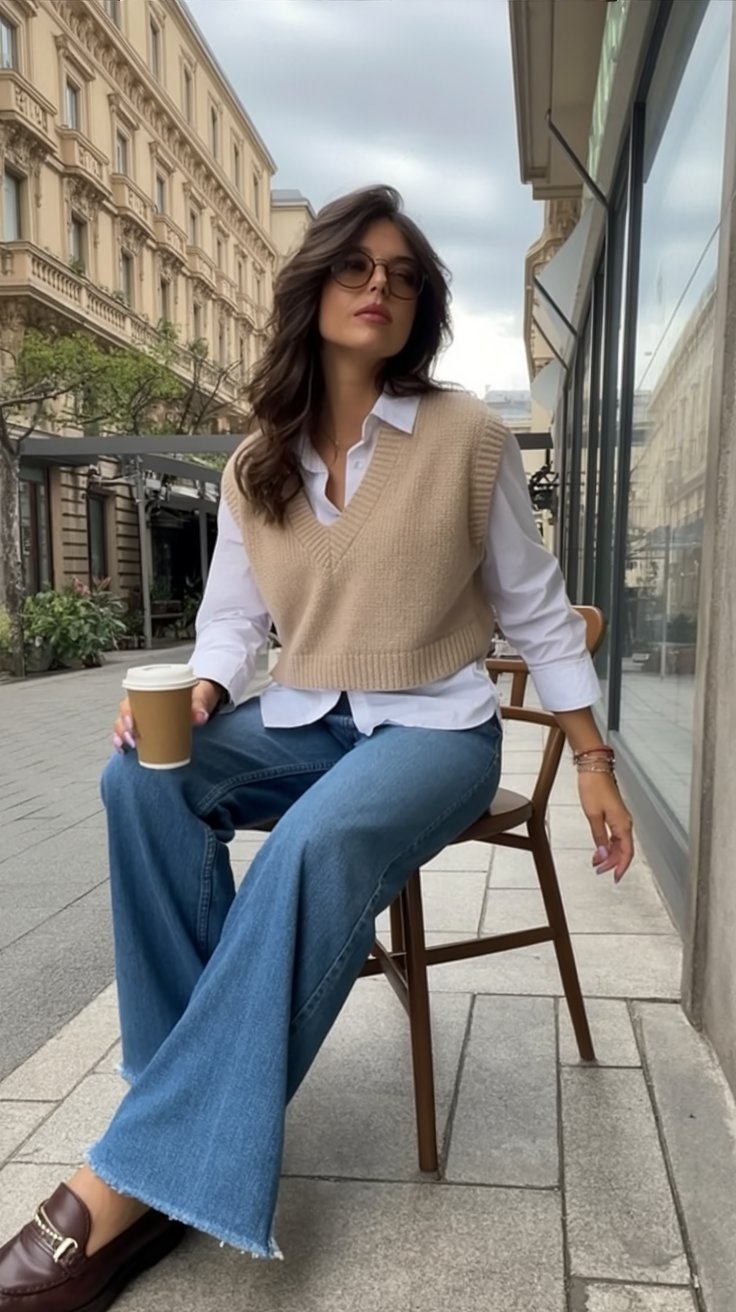 Effortlessly Chic Fall Outfit: Layered Sweater Vest, Flared Jeans & Coffee for Stylish Outdoor Street Look.