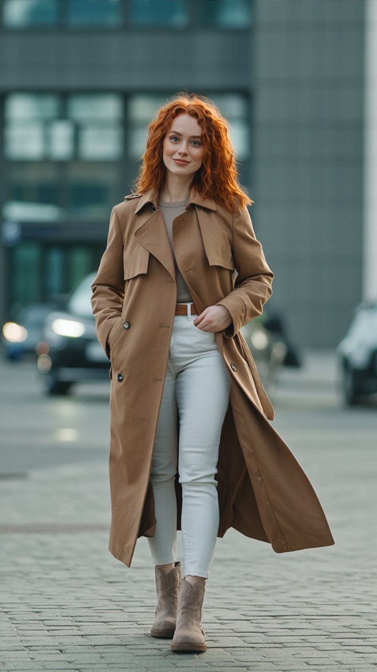 Chic Autumn Outfit Inspiration: Red Hair, Trench Coat & Trendy Street Style Looks for Modern Women.