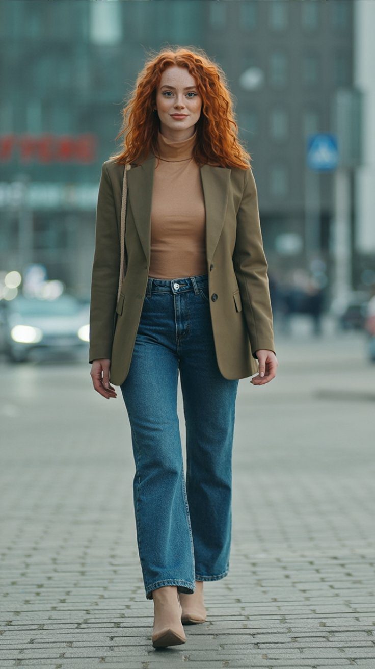 Chic Fall Street Style: Red Curly Hair, Tan Blazer Outfit Inspiration for City Walking – Urban Fashion for Women.