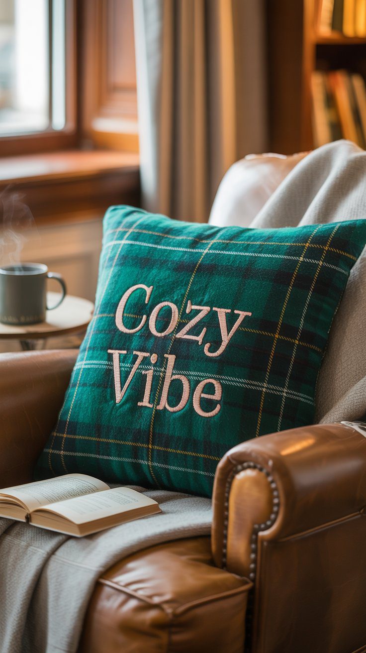 Cozy Reading Nook Inspiration: Green Plaid Pillow, Leather Armchair & Hygge Decor Ideas for Relaxing Home Spaces.