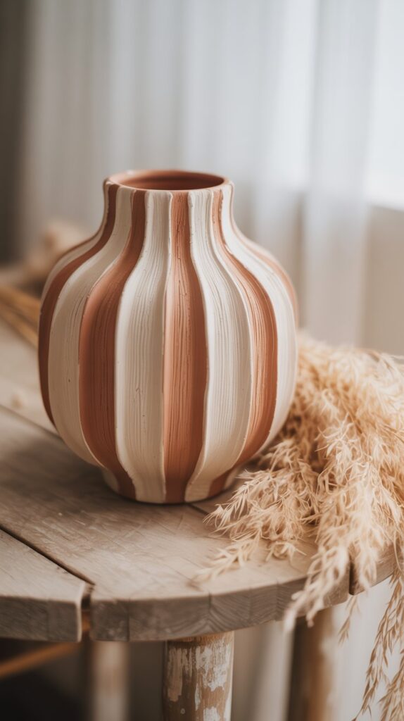In The DIY home decor article, learn how to craft a boho fluted striped vase and style it with dried grass for a cozy, natural look.