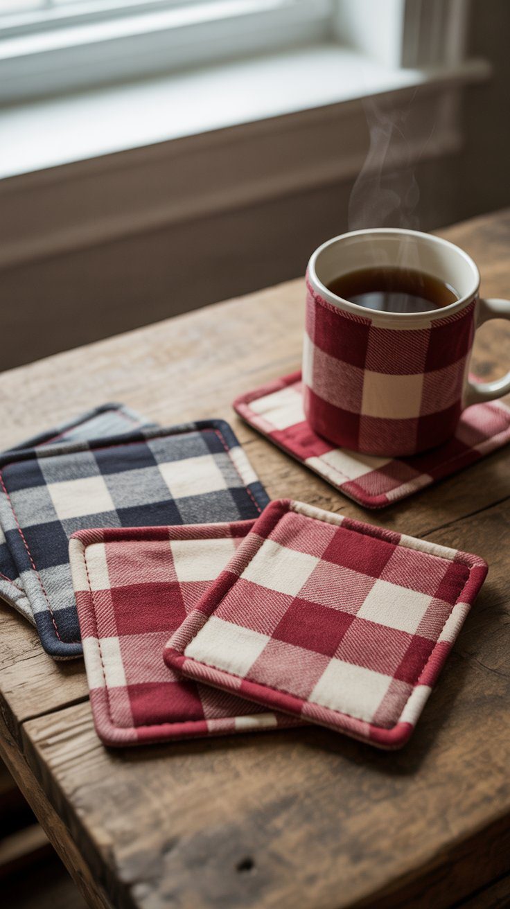 In "A steaming cup of coffee rests on a wooden table atop a red and white Flannel Coaster," discover cozy coaster designs.