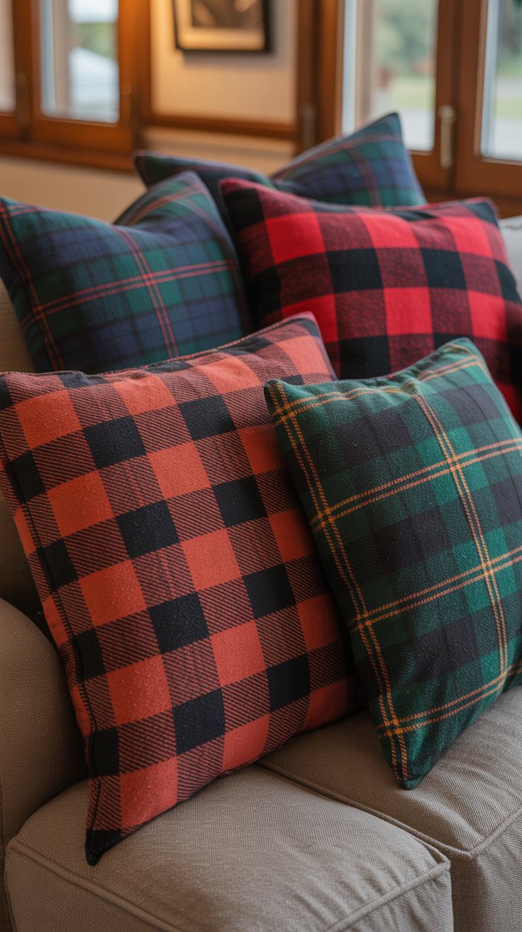 In "Five red and green Flannel Pillow Covers with plaid patterns," discover how these covers create a cozy, inviting sofa display.