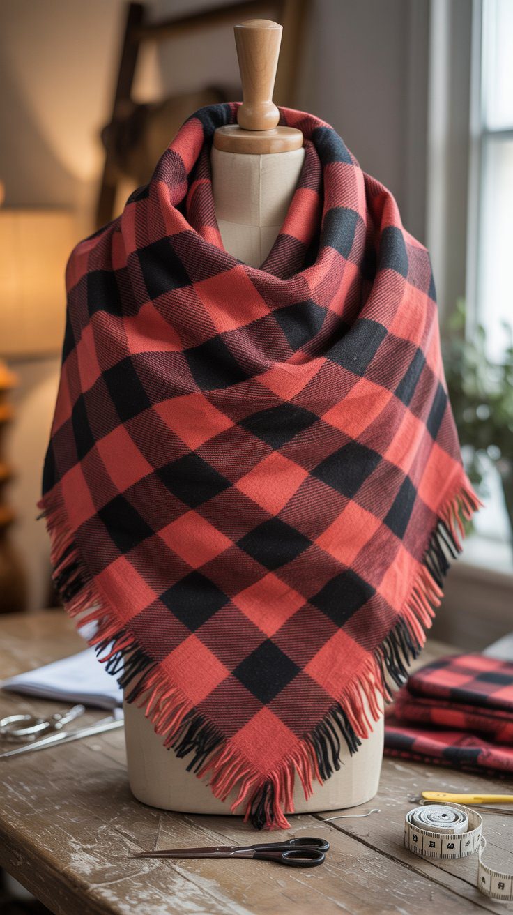 Learn how to make a cozy red and black buffalo plaid flannel scarf with fringed edges for DIY crafts in a warmly lit workspace.