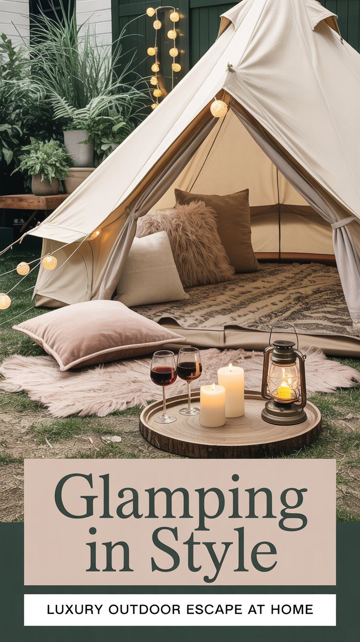 Backyard Glamping Ideas: Cozy Luxury Tent Setup with Pillows, String Lights & Wine for a Romantic Outdoor Escape.