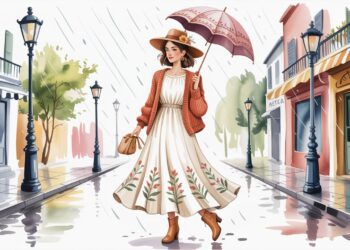 Chic Rainy Day Outfit Inspiration: Floral Dress & Cardigan Street Style for Trendy Women Shopping in Charming City Neighborhoods.