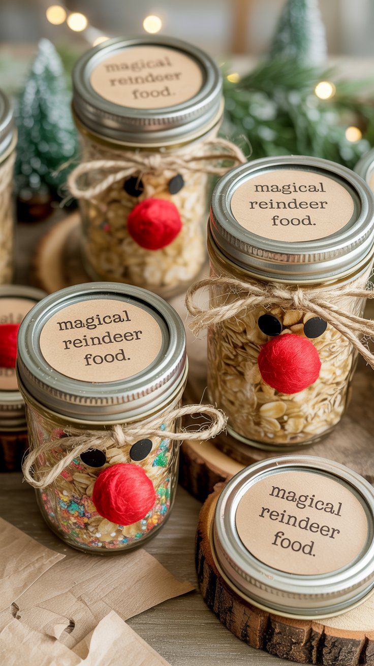 DIY Reindeer Food jars, dressed up with twine, dots, and red noses, sit on wood slices as adorable, festive holiday favors.