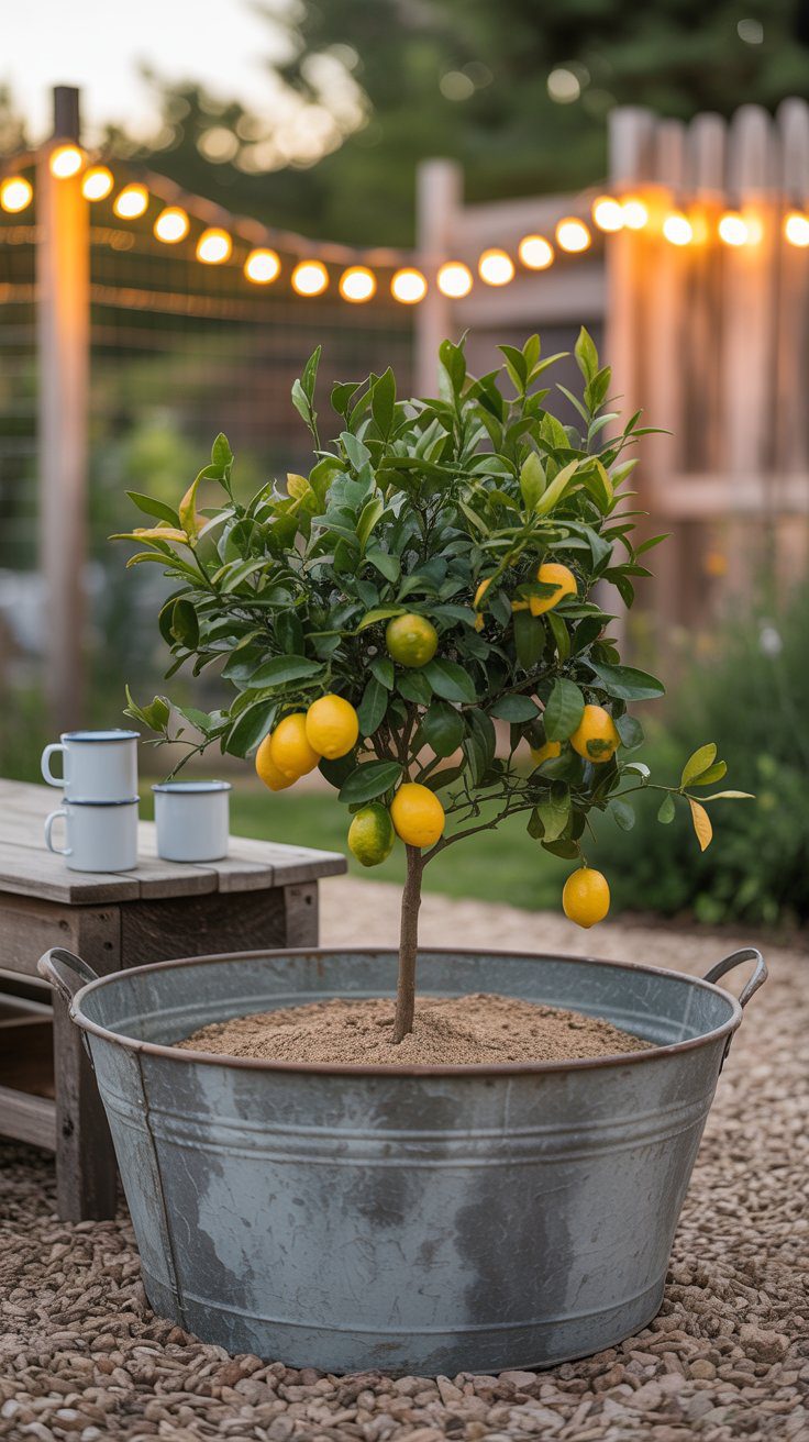 Vintage Metal Tub — Drill 6–8 drainage holes, add a plastic liner if uncoated, and use sandy citrus soil. Keep it on a gravel base for airflow under the tub.