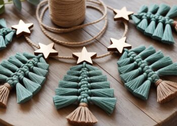 DIY Macramé Christmas Garland with Teal and Tan Ornaments and Gold Stars – Handmade Holiday Decor Ideas.