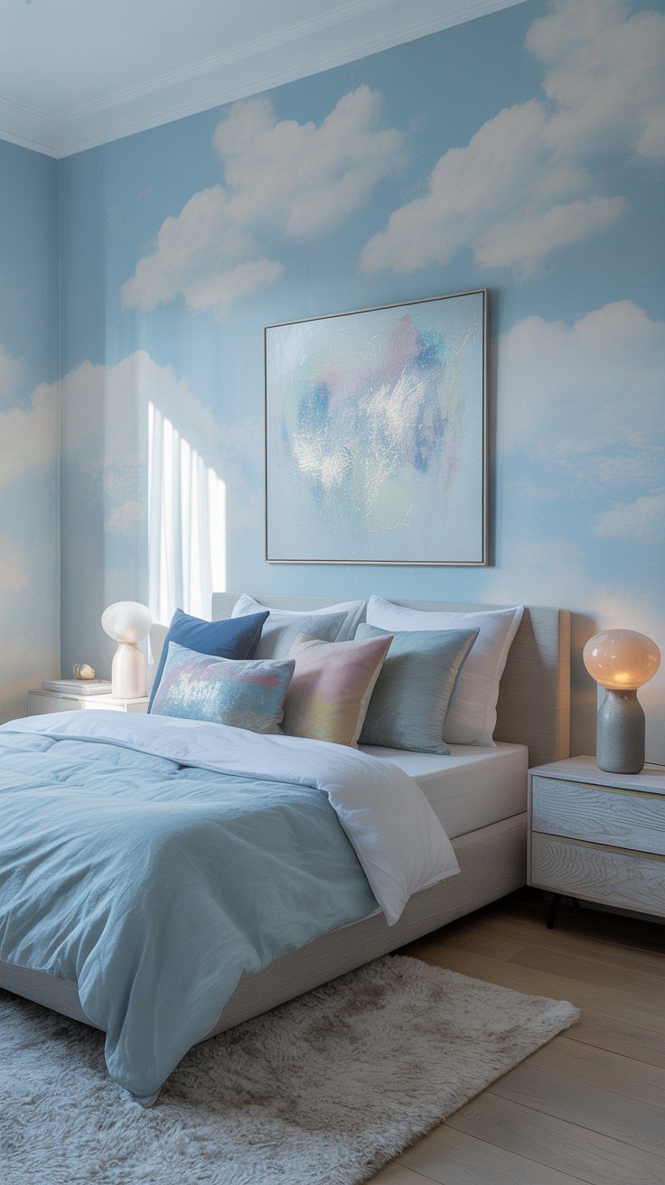 Dreamy blue bedroom with cloud-patterned walls, modern bed, pastel pillows, round lamps, and plush rug for cozy decor inspo.