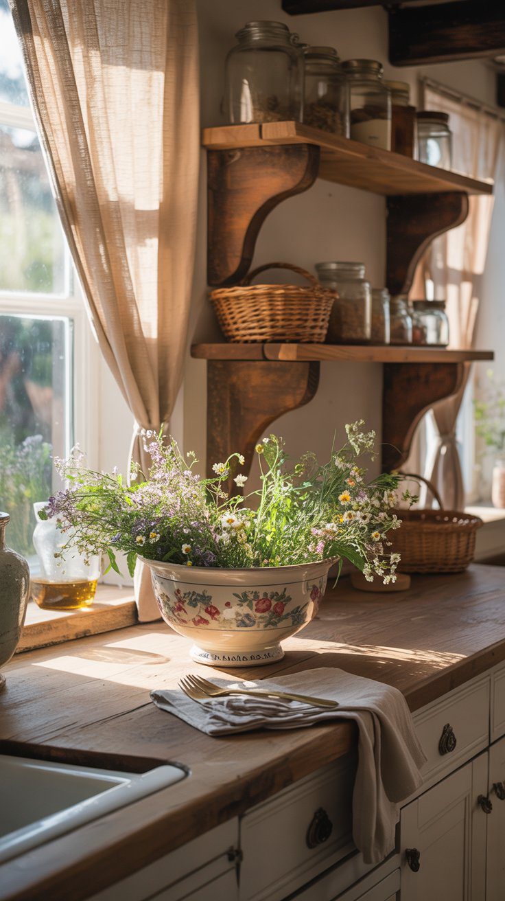 Cozy Farmhouse Kitchen Decor Ideas: Sunlit Wooden Shelves, Vintage Jars, Wildflower Centerpiece & Rustic Linen Styling.