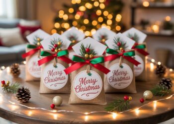 DIY Christmas Gift Table Decor Ideas with Pinecones, Festive Gift Bags, and Cozy Tree Inspiration for Holiday Celebrations.