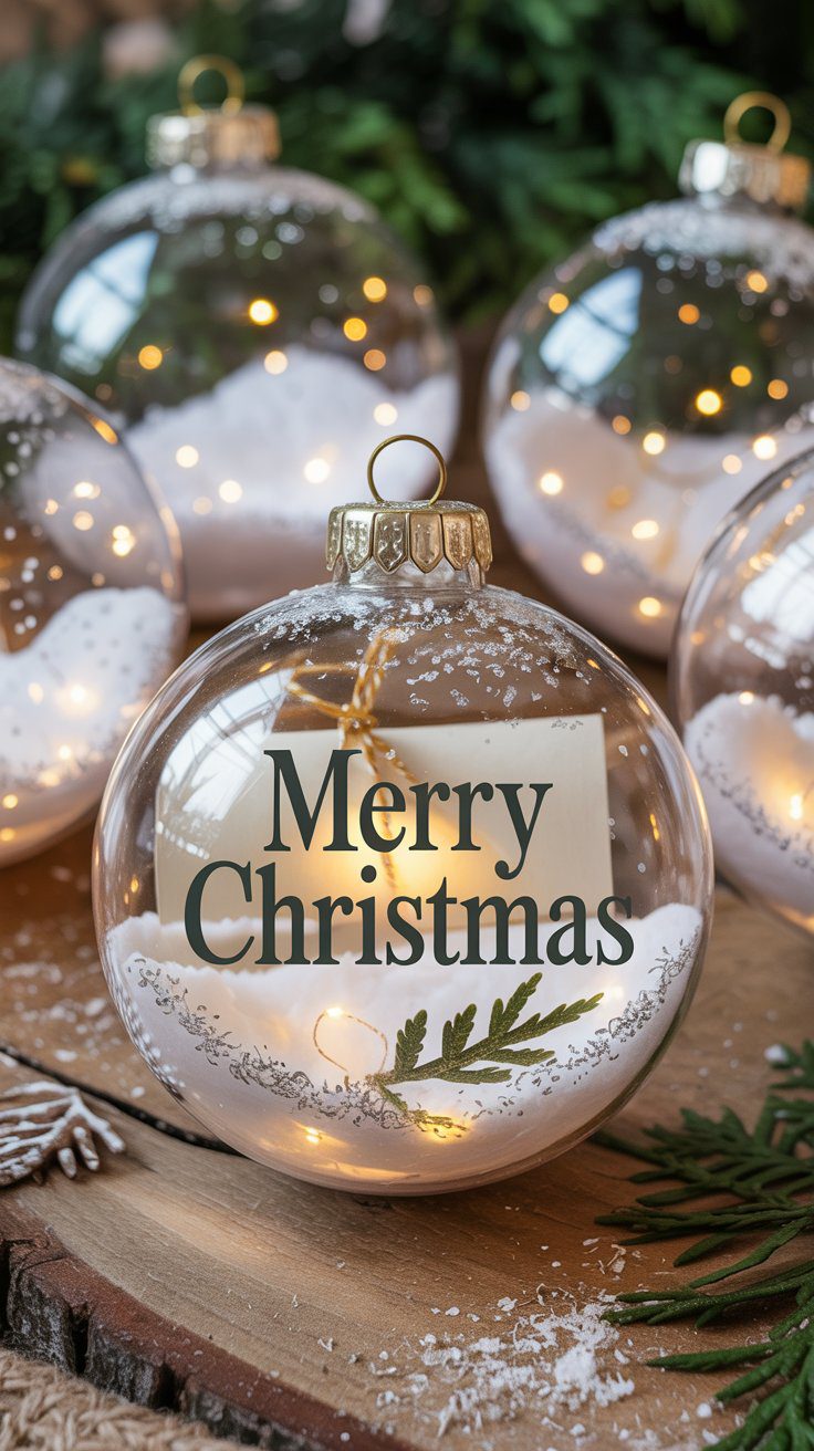 DIY Clear Christmas Ornament with Faux Snow, Greenery, and Fairy Lights – Festive Holiday Decoration Ideas for Pinterest.