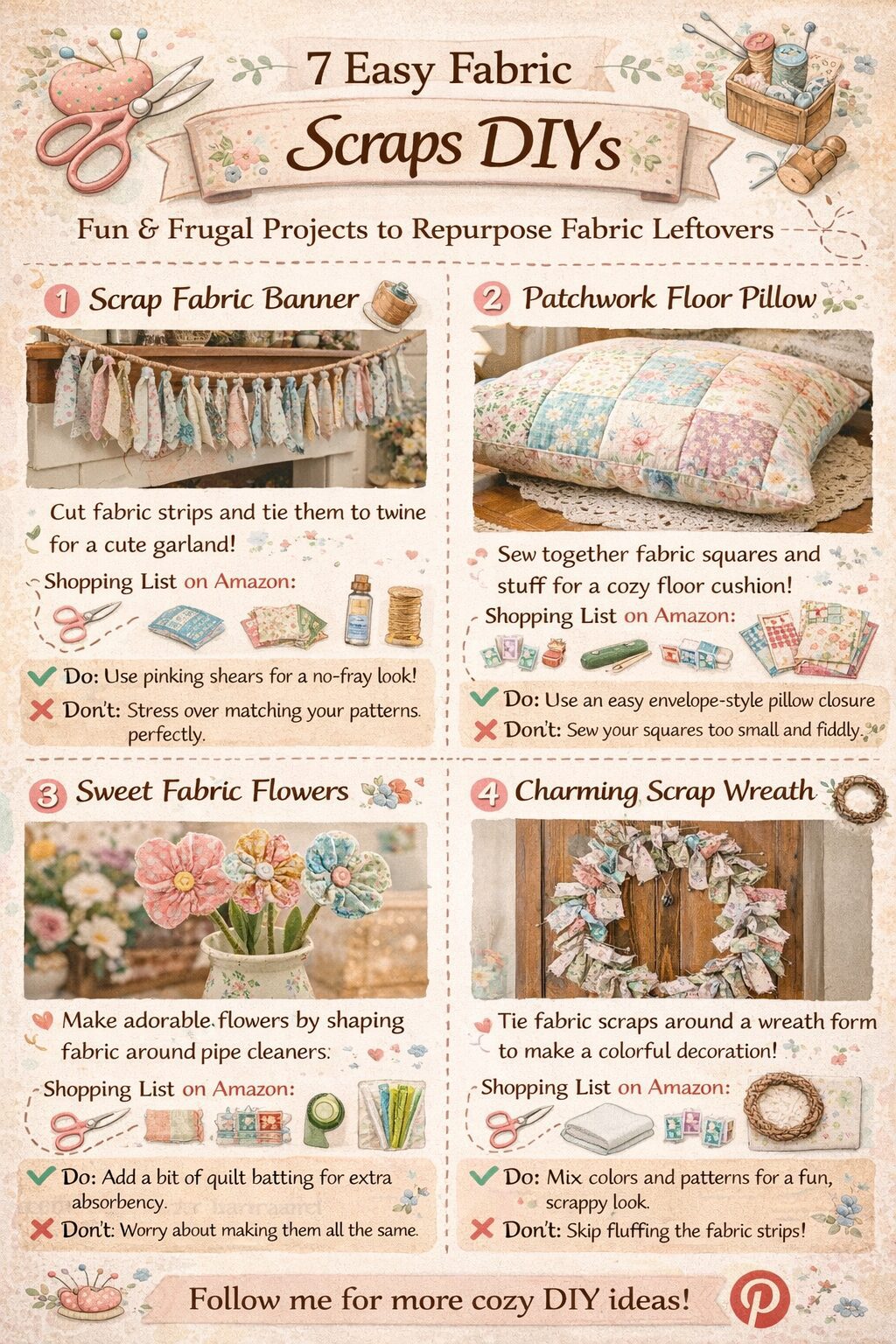 A vibrant "easy scraps" infographic features 7 quick fabric DIYs—banners, wreaths & more—with step-by-step tips and vivid photos.