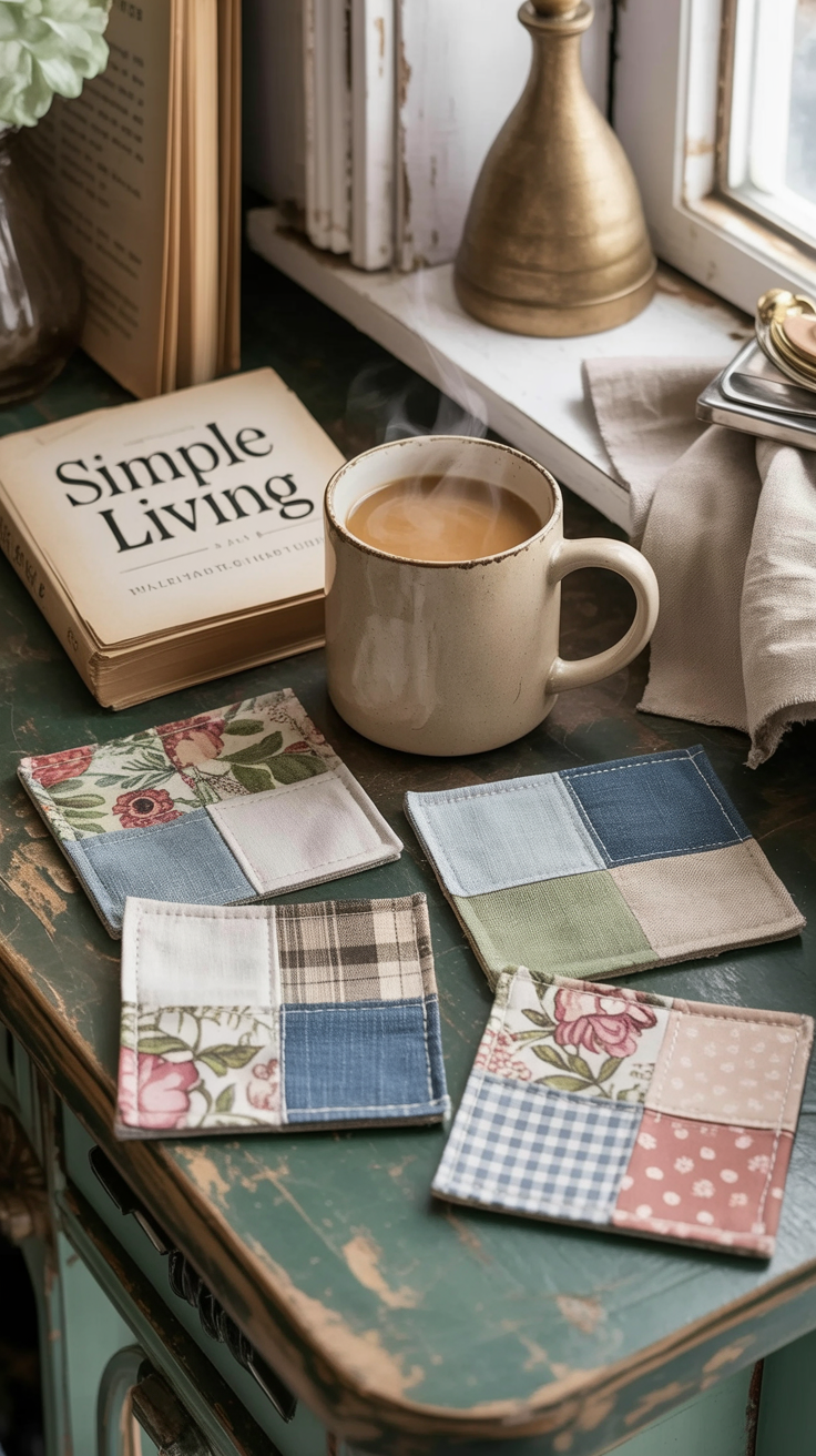 You can make a set of these fabric coasters in one afternoon using scraps from old pillowcases and a worn-out dress. Now your coffee table looks cozy and handmade — like a little fabric story under every cup.