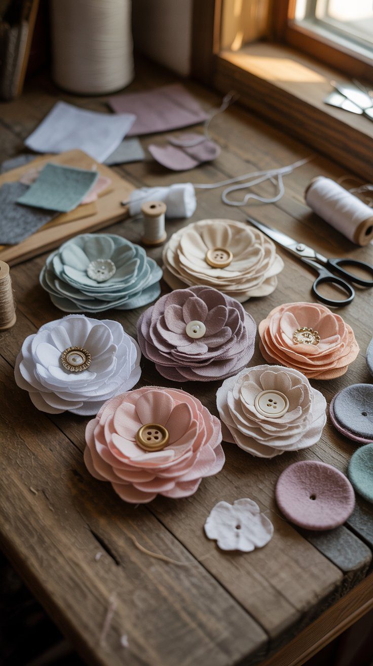 Pastel fabric flowers with button centers and sewing tools decorate a sunlit wooden table, ideal for charming handmade crafts.
