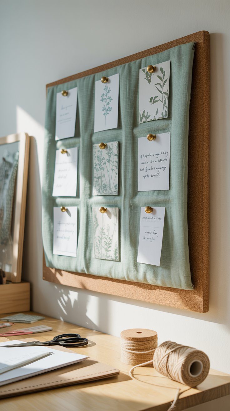 A green fabric pin board with cards, notes, and plant sketches hangs above a desk with supplies, bathed in gentle daylight.