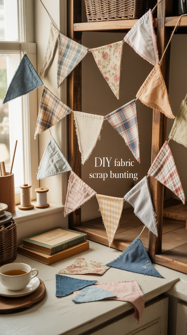 Pinterest got me on this one during spring cleaning — I had so many tiny scraps I couldn’t bear to toss. Now I’ve got cheerful bunting draped across my porch and above my sewing table, and it instantly brightens any space.