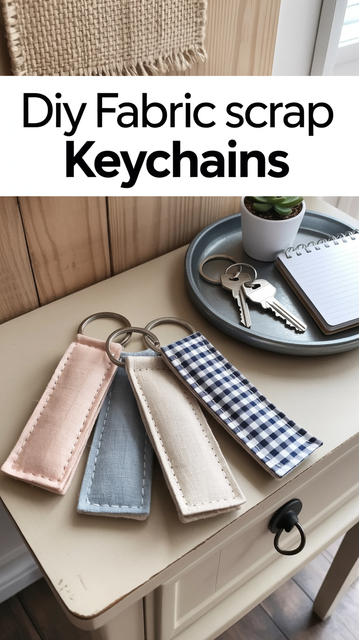 A set of pastel and checkered fabric keychains sits on a wooden table, with a nearby tray holding keys and desk items. Text: DIY Fabric Scrap Keychains.