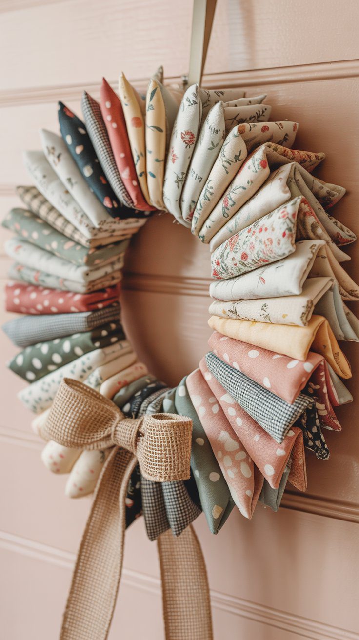 A charming wreath of pastel fabric scraps with floral and polka dots hangs on a door, finished with a burlap bow for DIY flair.
