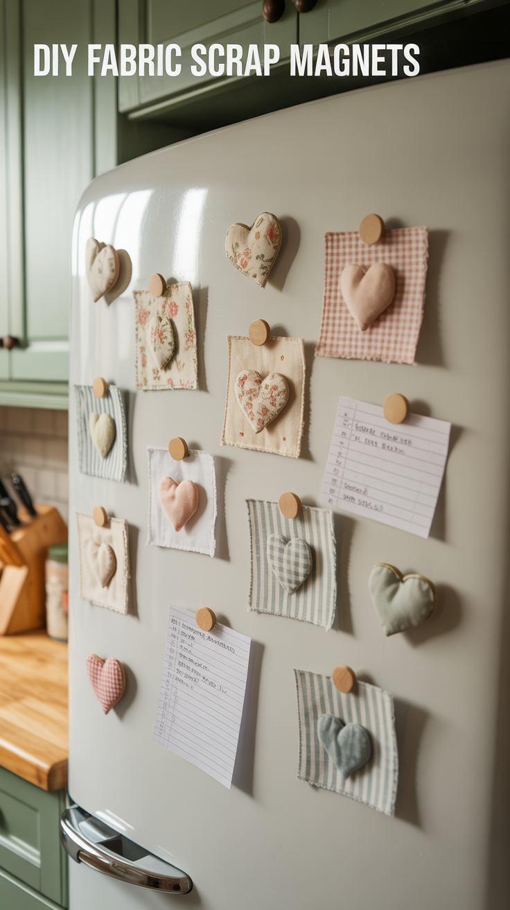 Pinterest made me believe I could make my fridge look cute — and honestly, it worked. I turned leftover bits of floral cotton, linen, and denim into little magnets that now hold grocery lists and photos. They look like mini art pieces, and they’re such a fun way to use tiny scraps that would’ve gone straight to the trash.