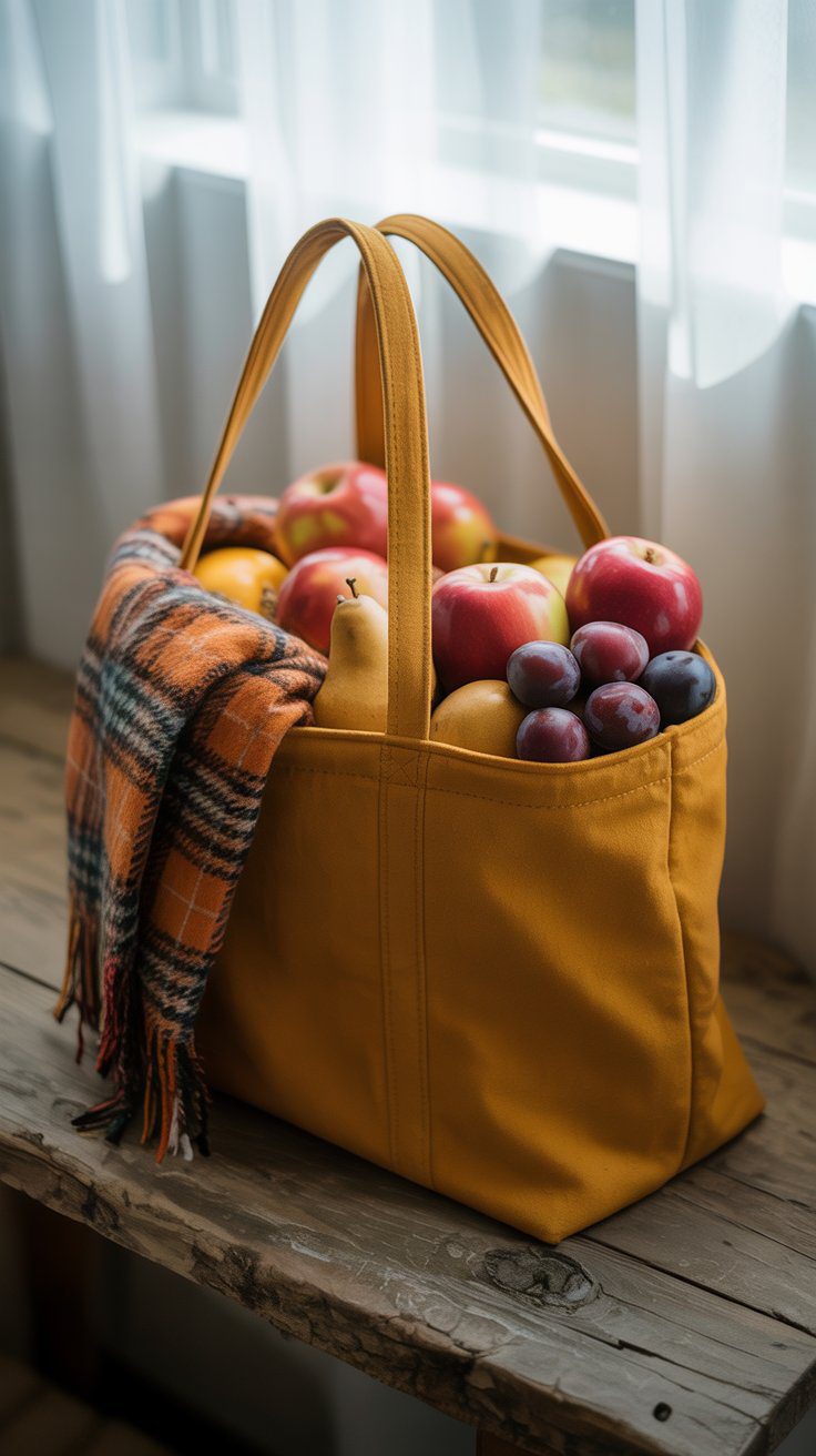 Cozy Autumn Farmers Market Haul in Mustard Tote with Seasonal Fruits and Fall Plaid Scarf on Wooden Bench by Sunlit Window.