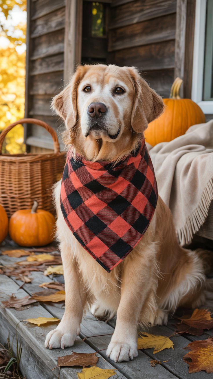 In this article, discover how a golden retriever in a flannel bandana brings autumn charm to a rustic porch with pumpkins and leaves.