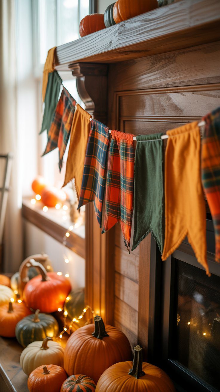 Cozy Fall Fireplace Decor Ideas with Plaid Bunting, Pumpkins & String Lights for Warm Thanksgiving Inspiration.