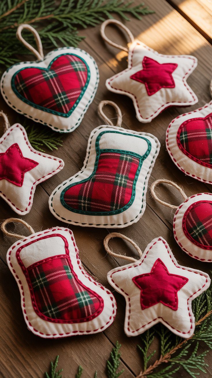 Flannel ornaments—handmade with plaid designs in heart, star, and stocking shapes—add festive charm to your Christmas crafts.