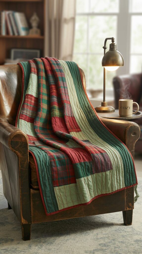 Cozy Holiday Reading Nook with Patchwork Quilt, Warm Lighting & Coffee Mug – Relaxing Winter Living Room Decor Ideas.