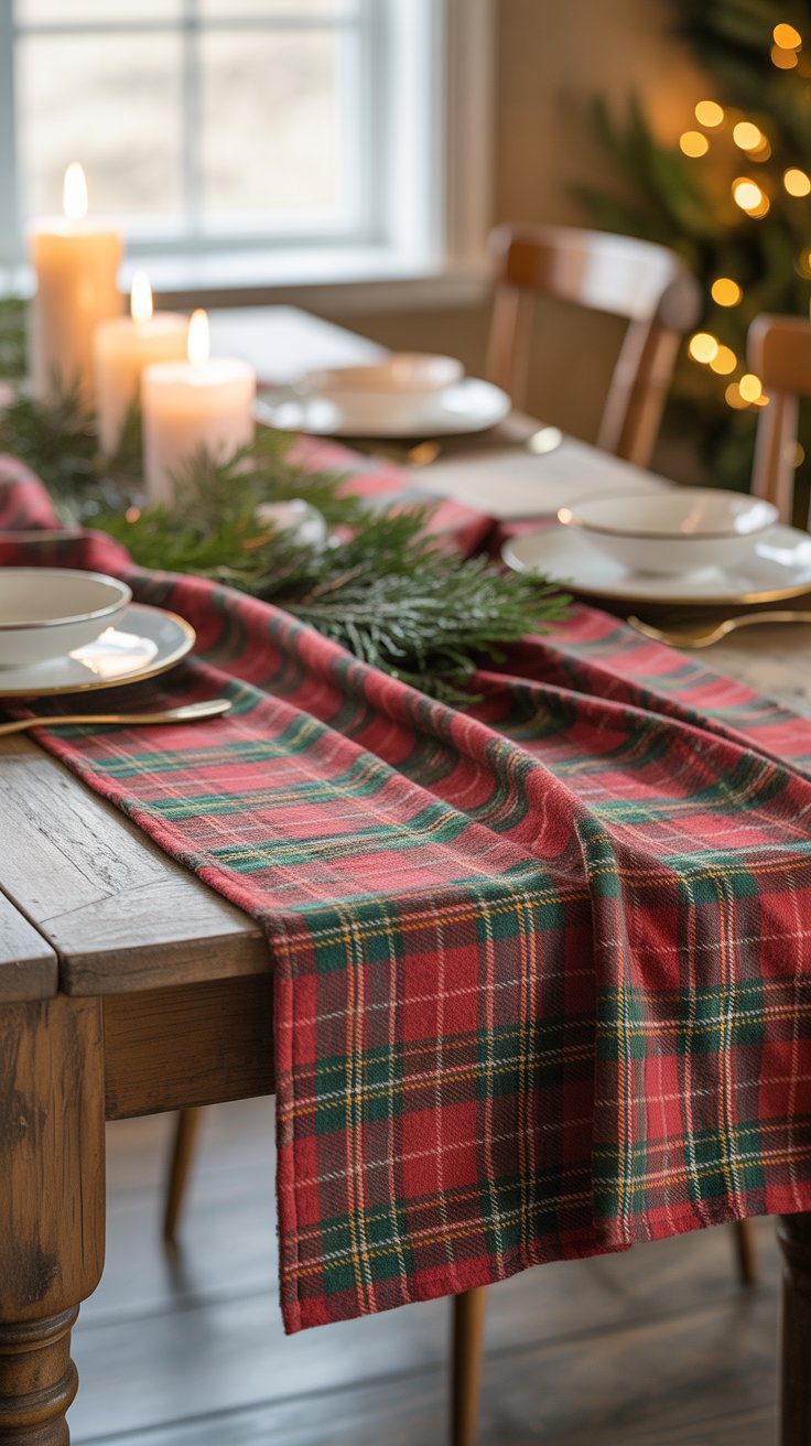 Read how to style a dining table with white plates, gold-rimmed bowls, flannel runner, pine, candles, and a glowing tree for holidays.