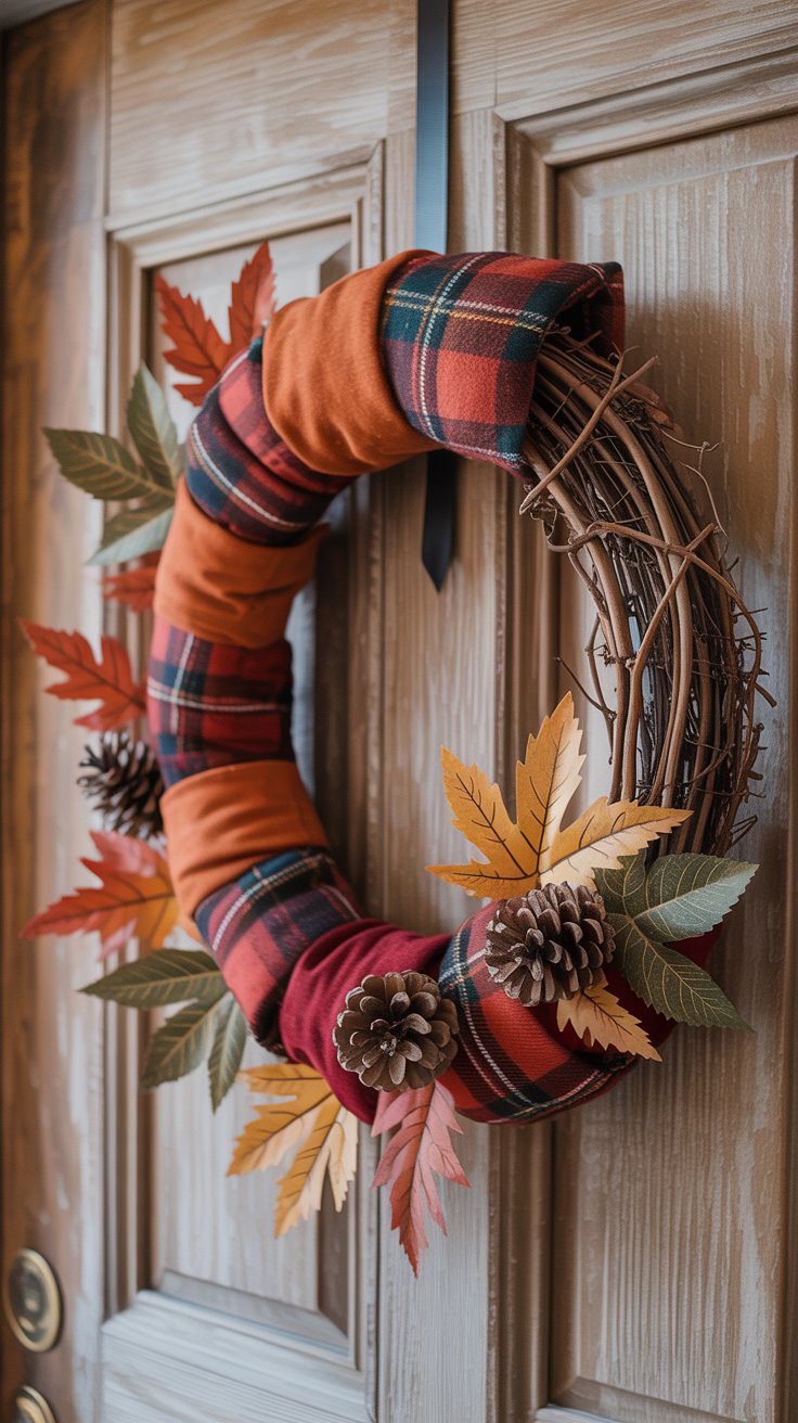 DIY Fall Wreath with Plaid Fabric and Pinecones – Easy Front Door Autumn Decor Idea with Artificial Leaves.