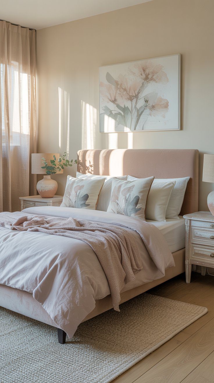A sunlit, inviting bedroom showcases the Floral Serenity blush bed, floral pillows, airy blankets, and refined floral-themed accents.