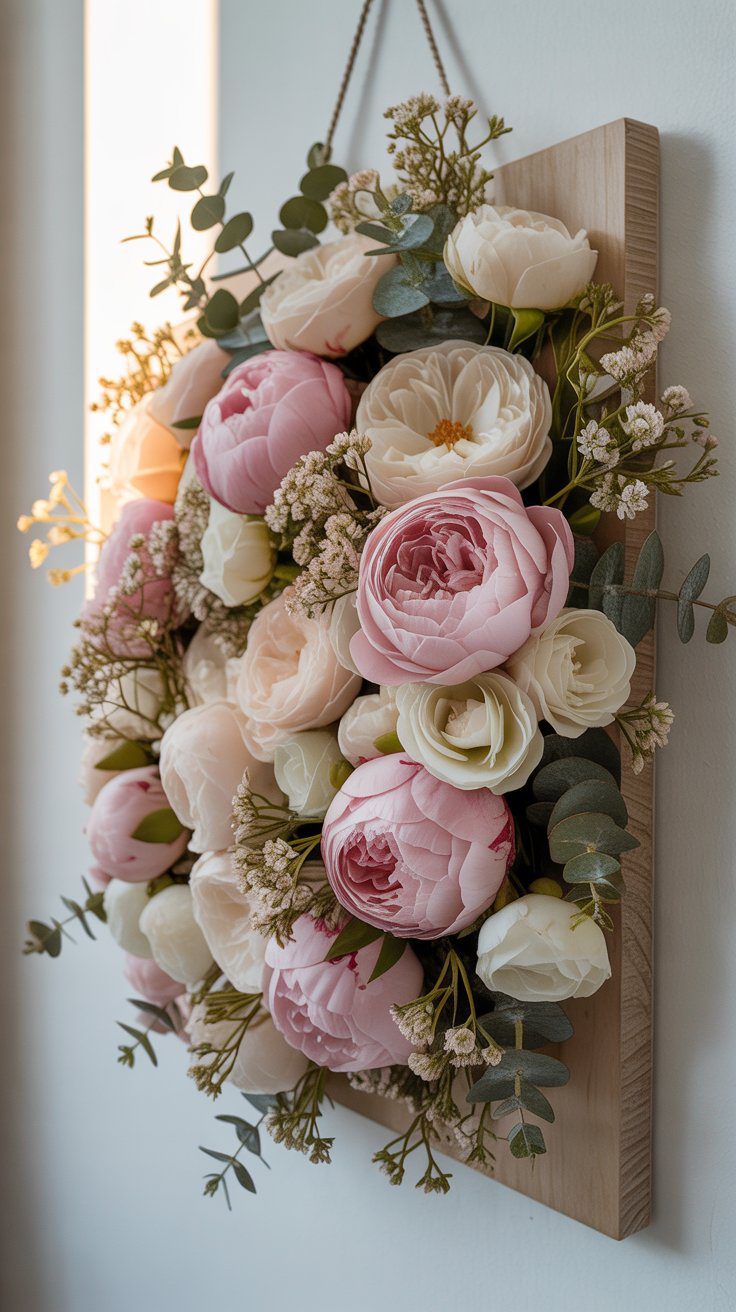 In "Flower art," discover how to craft DIY wall décor with a wooden frame, faux flowers, leaves, and blossoms for bright spaces.