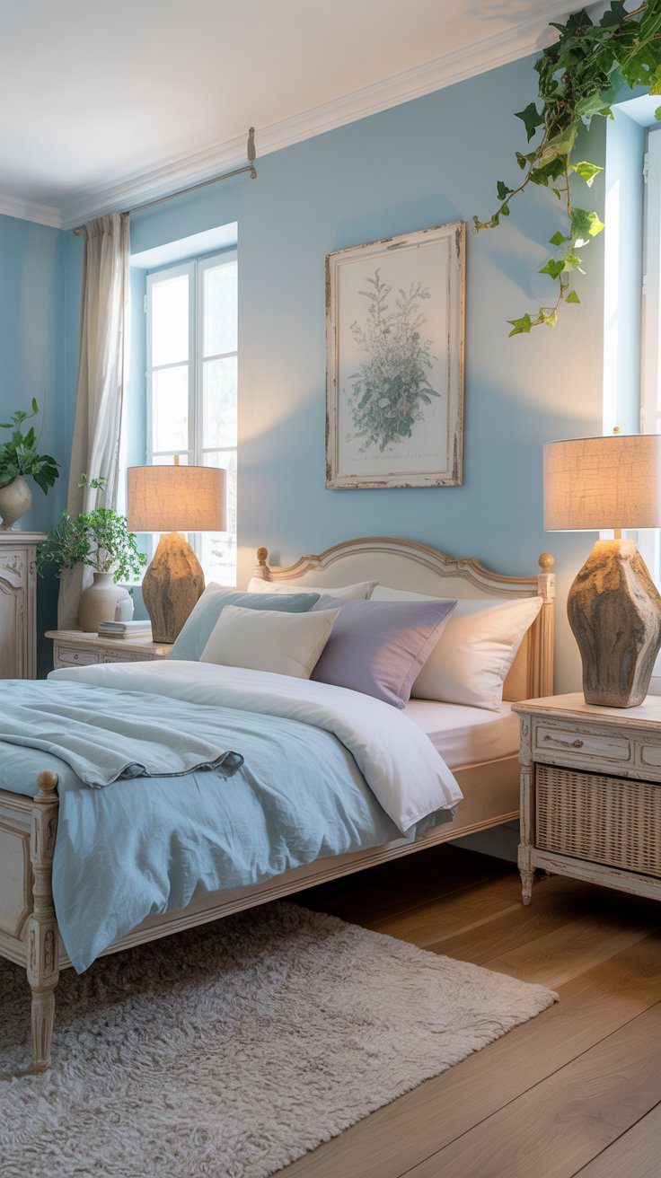 Step into a serene French country bedroom in calming blues, with soft accents, chic decor, and lush plants by a sunlit window.