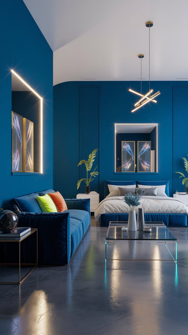 Chic blue bedroom with a velvet sofa, vibrant pillows, glass table, LED mirrors, lush plants, pendant lights, and glossy floors.