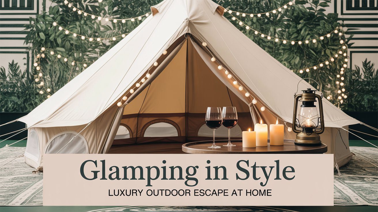 Indoor Glamping Ideas: Luxe Tent Setup with Wine and String Lights for a Cozy Home Escape – Glamping in Style Decor Inspiration.