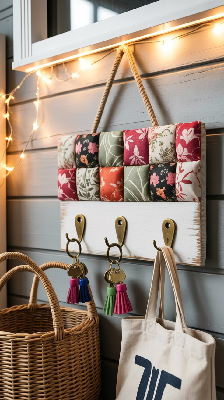 Pinterest had me convinced I needed something cuter to hang my keys — and now I have it. I made a small key holder board wrapped in leftover fabric, and it looks like something from an Etsy shop. It’s functional art that makes your entryway look instantly more intentional.