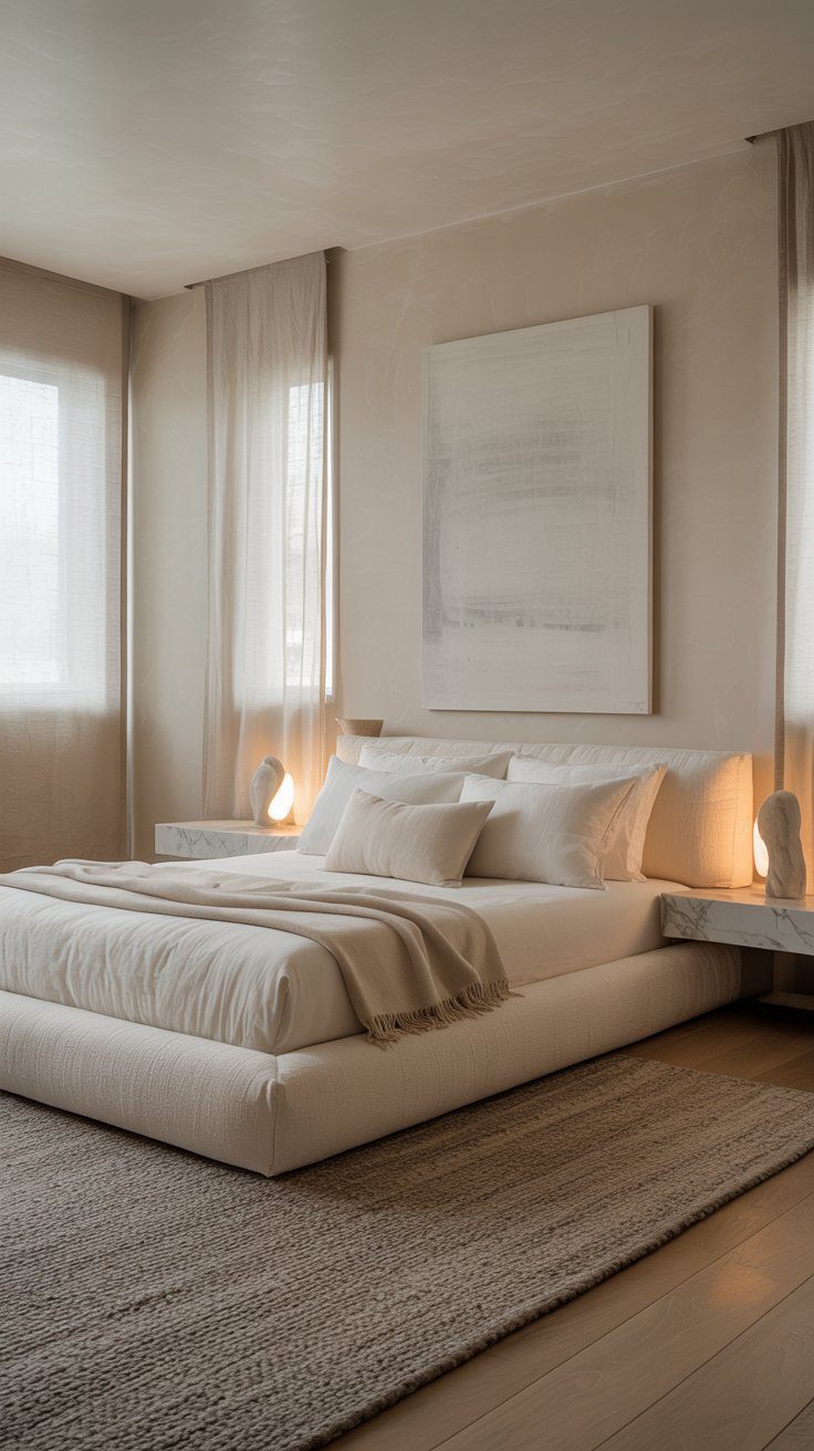 Discover serene blue bedroom inspiration with minimalist décor: a low bed, neutral linens, soft lights, and abstract wall art.