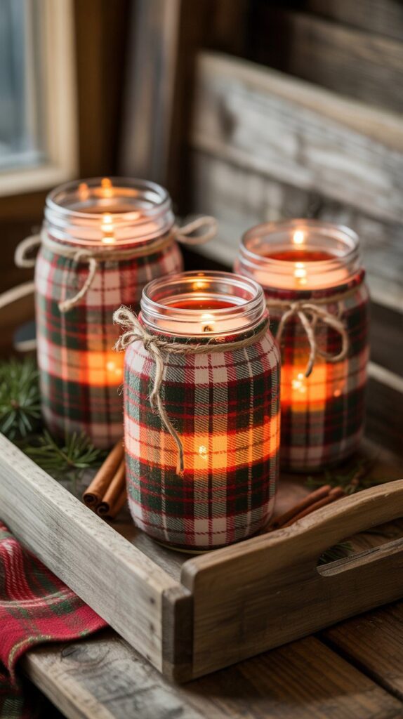 In this article, learn how to create three mason jar flannel candles with pine and cinnamon for festive, rustic holiday decor ideas.