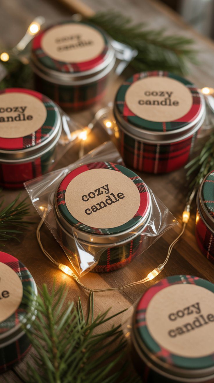 Cozy Candle Gift Ideas with Plaid Decor – Holiday Candle Tin Display for Festive Christmas Home Decor and DIY Inspiration.
