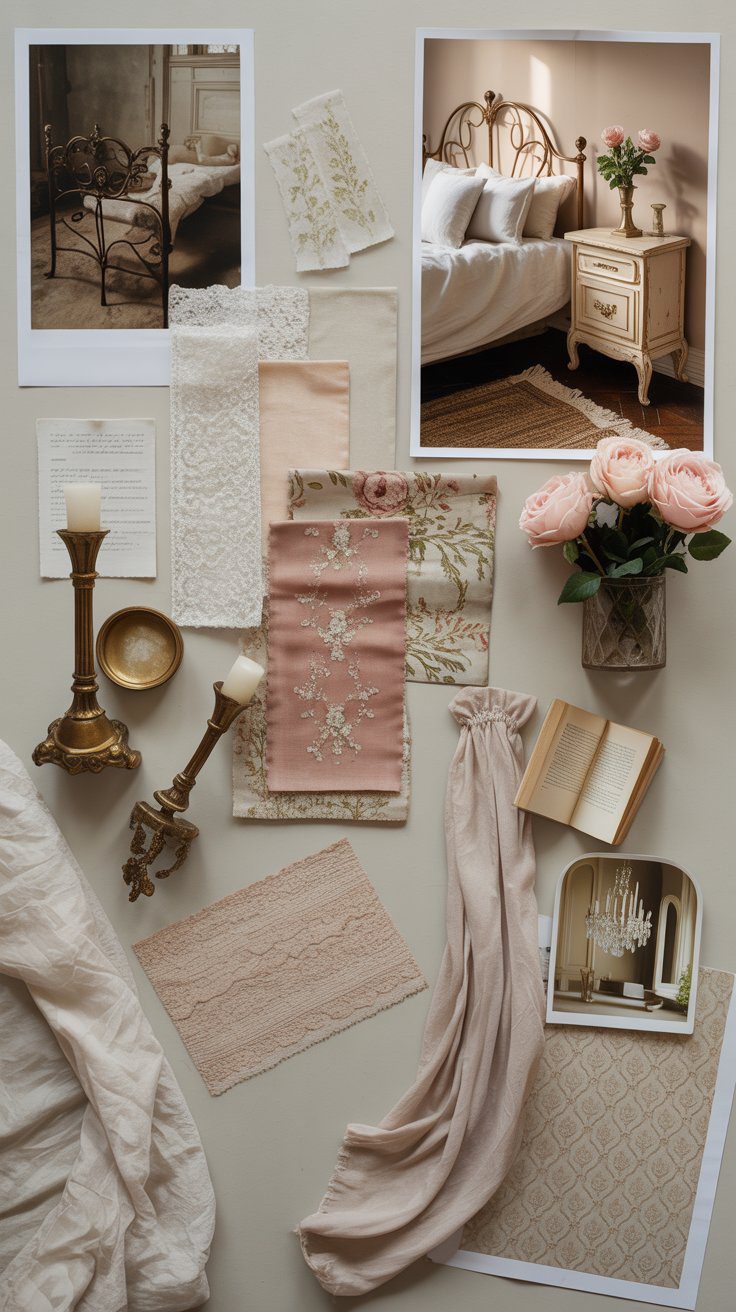 A mood board inspired by Jane Austen: blush lace swatches, brass candlesticks, pink roses, vintage books, and floral bedroom photos.