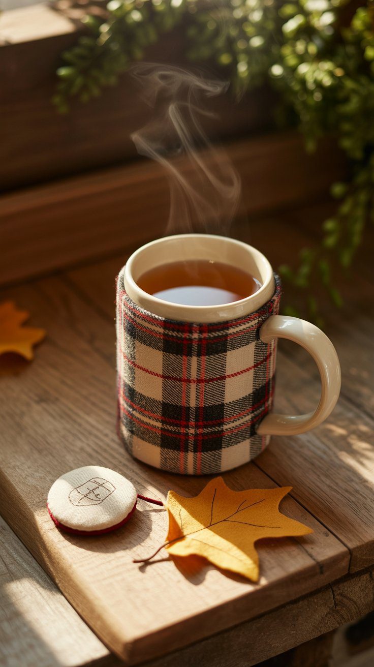 Cozy Autumn Tea Moment: Plaid Mug, Fall Leaves & Warm Wood Decor Inspiration for Seasonal Home Styling.