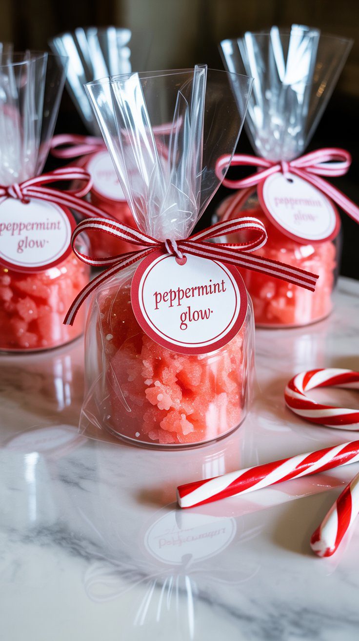 DIY Peppermint Sugar Scrub Gift Bags with Holiday Candy Cane Accents – Easy Handmade Christmas Gift Idea.